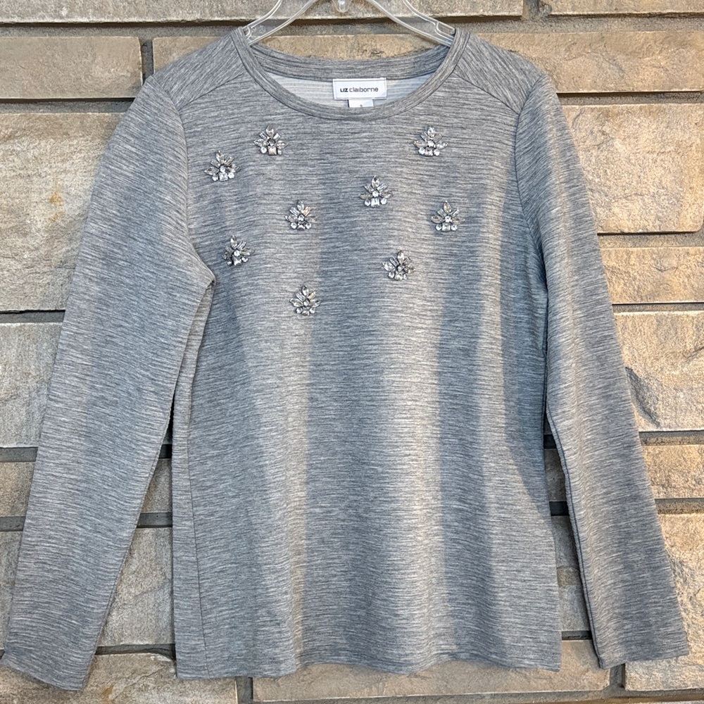 Liz Claiborne Heather Gray Knit Top with Rhinestone Embellishments